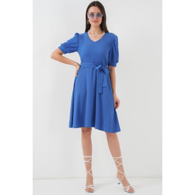 2370 Kuşaklı Örme Elbise - Saks 2370 Kuşaklı Örme Elbise - Saks