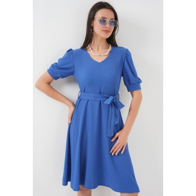 2370 Kuşaklı Örme Elbise - Saks 2370 Kuşaklı Örme Elbise - Saks