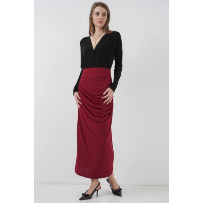 8035 Büzgülü Midi Etek - Bordo 8035 Büzgülü Midi Etek - Bordo