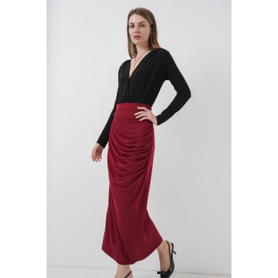 8035 Büzgülü Midi Etek - Bordo 8035 Büzgülü Midi Etek - Bordo