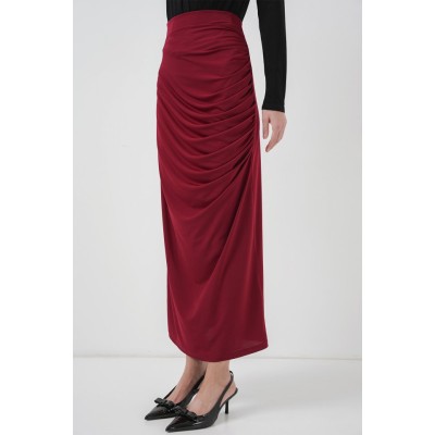 8035 Büzgülü Midi Etek - Bordo 8035 Büzgülü Midi Etek - Bordo