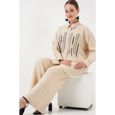 Desenli Tunik Pantolon İkili Takım 6720 - Krem Desenli Tunik Pantolon İkili Takım 6720 - Krem