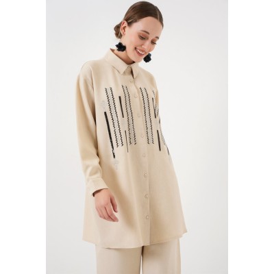 Desenli Tunik Pantolon İkili Takım 6720 - Krem Desenli Tunik Pantolon İkili Takım 6720 - Krem
