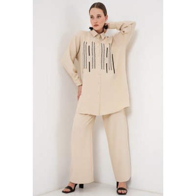 Desenli Tunik Pantolon İkili Takım 6720 - Krem Desenli Tunik Pantolon İkili Takım 6720 - Krem