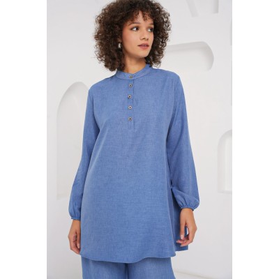 6678 Keten Tunik Pantolon İkili Takım - İndigo 6678 Keten Tunik Pantolon İkili Takım - İndigo