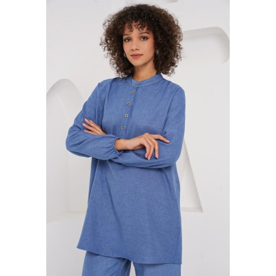 6678 Keten Tunik Pantolon İkili Takım - İndigo 6678 Keten Tunik Pantolon İkili Takım - İndigo