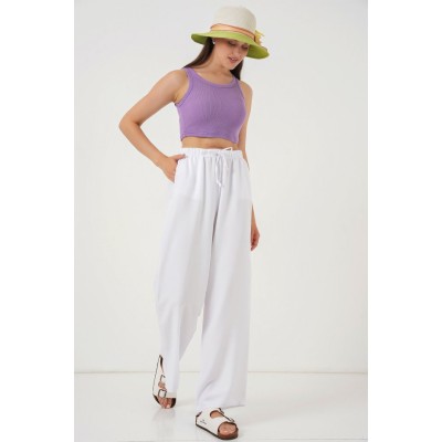 Geniş Paça Keten Pantolon 6735 - Beyaz Geniş Paça Keten Pantolon 6735 - Beyaz