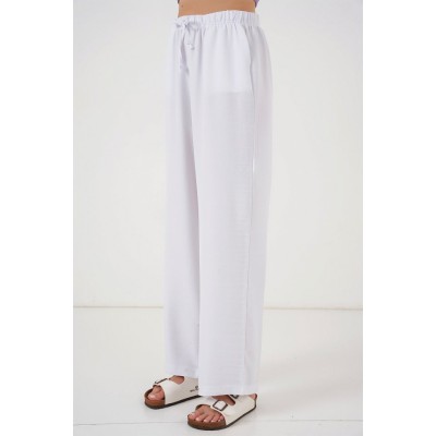 Geniş Paça Keten Pantolon 6735 - Beyaz Geniş Paça Keten Pantolon 6735 - Beyaz