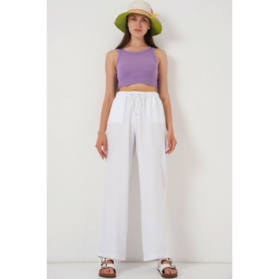 Geniş Paça Keten Pantolon 6735 - Beyaz Geniş Paça Keten Pantolon 6735 - Beyaz