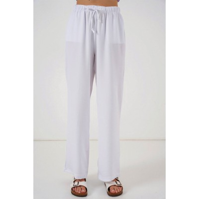 Geniş Paça Keten Pantolon 6735 - Beyaz Geniş Paça Keten Pantolon 6735 - Beyaz