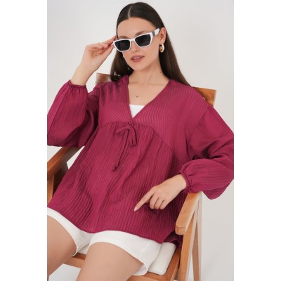 Önü Bağcıklı Uzun Kol Bluz 946 - Bordo Önü Bağcıklı Uzun Kol Bluz 946 - Bordo