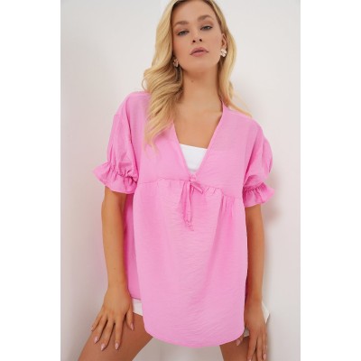 Önü Bağcıklı Kısa Kol Bluz 962 - Pembe Önü Bağcıklı Kısa Kol Bluz 962 - Pembe