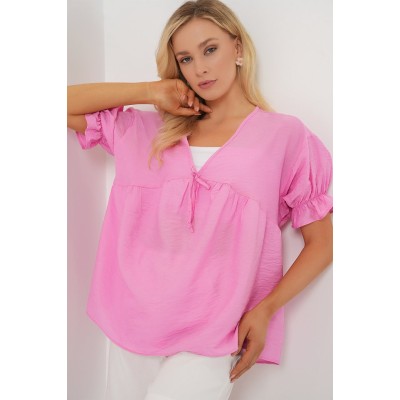 Önü Bağcıklı Kısa Kol Bluz 962 - Pembe Önü Bağcıklı Kısa Kol Bluz 962 - Pembe
