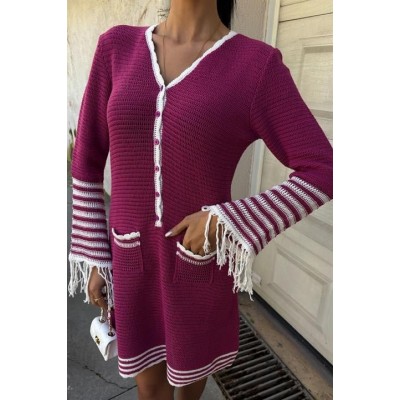Triko Kolları Püsküllü Düğmeli Elbise 2849 Triko Kolları Püsküllü Düğmeli Elbise 2849