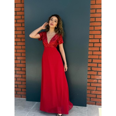 Kadın Kısa Kollu Derin V Yakalı A Kesim Pulpayet Detaylı şifon Nedime Elbisesi Kadın Kısa Kollu Derin V Yakalı A Kesim Pulpayet Detaylı şifon Nedime Elbisesi