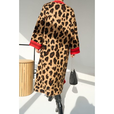 Uzun Leopar Hırka - Camel-Kırmızı Uzun Leopar Hırka - Camel-Kırmızı