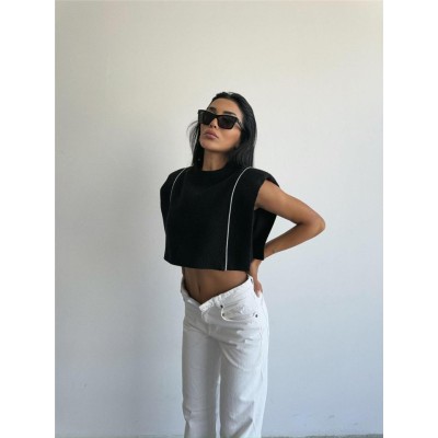 CHANEL VATKALI CROP BLUZ - Siyah CHANEL VATKALI CROP BLUZ - Siyah