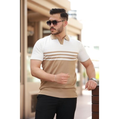 Erkek çizgi Desenli Yakalı Kısa Kollu T-shirt