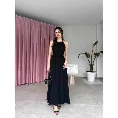 Kadın Krinkil Kumaş Beli Gipeli Halter Yaka Maxi Boy Elbise Kadın Krinkil Kumaş Beli Gipeli Halter Yaka Maxi Boy Elbise