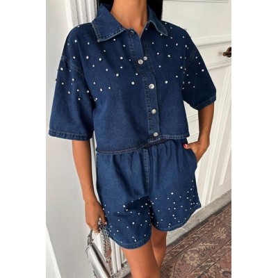 Taş Detaylı Gömlek Şort Denim Takım 10175 Taş Detaylı Gömlek Şort Denim Takım 10175