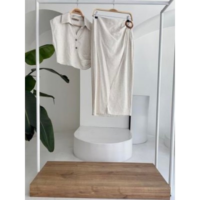 Bluzu Büzgülü Ve Eteği Tokalı Keten Takım 10204 Bluzu Büzgülü Ve Eteği Tokalı Keten Takım 10204