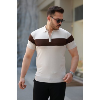 Erkek Fermuar Yakalı şerit Renk Desenli Kısa Kollu Tişört