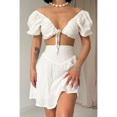 Ekru Brode Crop Ve Mini Etek Takım Ekru Brode Crop Ve Mini Etek Takım