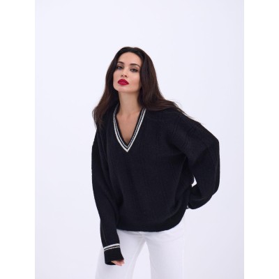 43291 TRİKO V YAKA ÇİZGİLİ KAZAK-SİYAH-EKRU 43291 TRİKO V YAKA ÇİZGİLİ KAZAK-SİYAH-EKRU