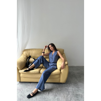 TENCEL CROP KOLSUZ GÖMLEK - PANTOLON TAKIM - İndigo TENCEL CROP KOLSUZ GÖMLEK - PANTOLON TAKIM - İndigo