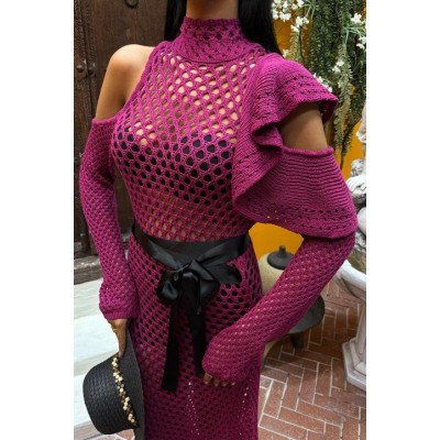 Saten Kuşaklı Ajurlu Triko Elbise 2847 Saten Kuşaklı Ajurlu Triko Elbise 2847