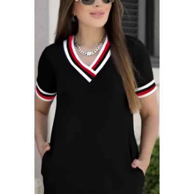 Kadın Kısa Kollu V Yaka Ve Yaka Ribana Detay Midiboy Viskon Elbise Kadın Kısa Kollu V Yaka Ve Yaka Ribana Detay Midiboy Viskon Elbise