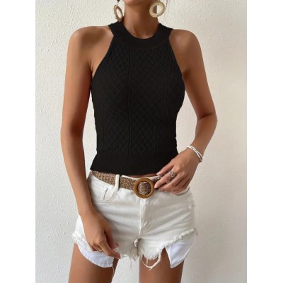 Kadın Kolsuz Halter Yaka Mini Baklava Desenli Triko Bluz Kadın Kolsuz Halter Yaka Mini Baklava Desenli Triko Bluz