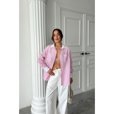 YAKA VE MANŞET BEYAZ BOYFRİEND ÇİZGİLİ POPLİN GÖMLEK - Pembe YAKA VE MANŞET BEYAZ BOYFRİEND ÇİZGİLİ POPLİN GÖMLEK - Pembe