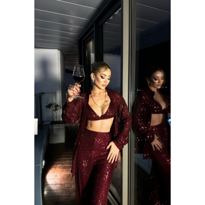 PUL PAYET 3 LÜ TAKIM - CEKET-BÜSTİYER-PANTOLON - Bordo PUL PAYET 3 LÜ TAKIM - CEKET-BÜSTİYER-PANTOLON - Bordo