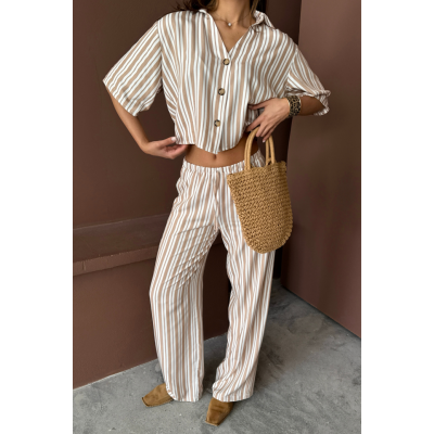 ÇİZGİLİ CROP GÖMLEK - SALAŞ PANTOLON TAKIM MODAL - Bej ÇİZGİLİ CROP GÖMLEK - SALAŞ PANTOLON TAKIM MODAL - Bej