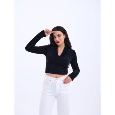 42531 TRİKO SİMLİ YAKALI CROP-SİYAH 42531 TRİKO SİMLİ YAKALI CROP-SİYAH