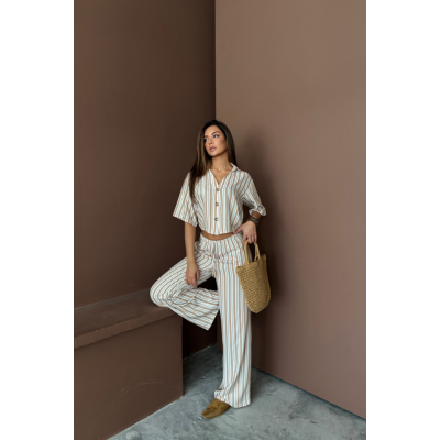 ÇİZGİLİ CROP GÖMLEK - SALAŞ PANTOLON TAKIM MODAL - Bej ÇİZGİLİ CROP GÖMLEK - SALAŞ PANTOLON TAKIM MODAL - Bej