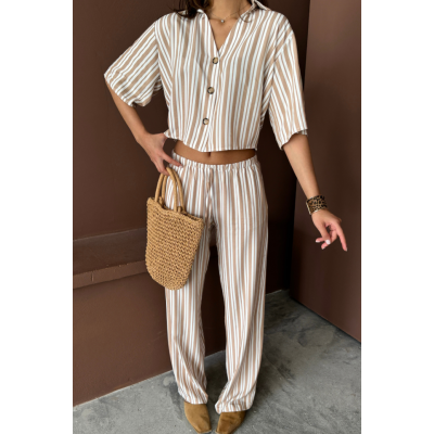 ÇİZGİLİ CROP GÖMLEK - SALAŞ PANTOLON TAKIM MODAL - Bej ÇİZGİLİ CROP GÖMLEK - SALAŞ PANTOLON TAKIM MODAL - Bej