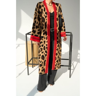 Uzun Leopar Hırka - Camel-Kırmızı Uzun Leopar Hırka - Camel-Kırmızı