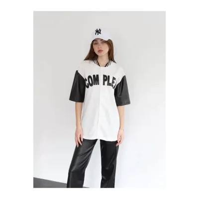 Complex Kolları Deri Kolej Oversize T-shirt - Beyaz Complex Kolları Deri Kolej Oversize T-shirt - Beyaz