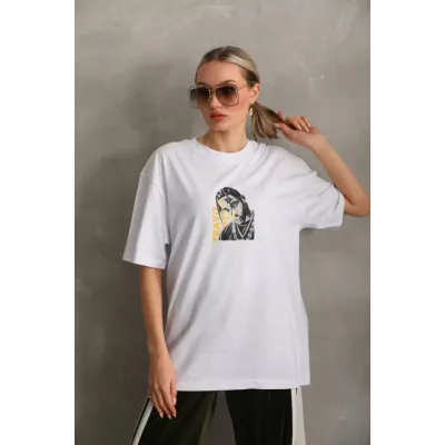 Unisex Baskılı Oversize T-Shirt - Beyaz Unisex Baskılı Oversize T-Shirt - Beyaz