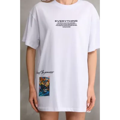 Unisex Bisiklet Yaka Baskılı Oversize T-Shirt - Beyaz Unisex Bisiklet Yaka Baskılı Oversize T-Shirt - Beyaz