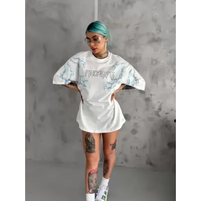Unisex Bisiklet Yaka Baskılı Oversize T-Shirt - Beyaz Unisex Bisiklet Yaka Baskılı Oversize T-Shirt - Beyaz