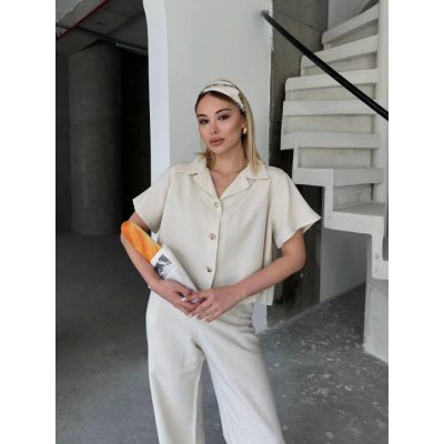 Keten Kısa Kollu Gömlek Pantolon Ikili Takım - Beyaz Keten Kısa Kollu Gömlek Pantolon Ikili Takım - Beyaz