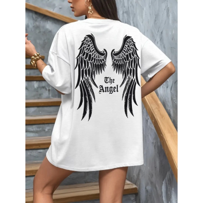 Baskılı Oversize Bisiklet Yaka T-shirt - Beyaz Baskılı Oversize Bisiklet Yaka T-shirt - Beyaz