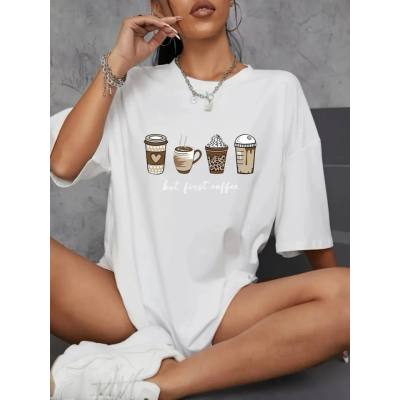 Baskılı Oversize Bisiklet Yaka T-shirt - Beyaz Baskılı Oversize Bisiklet Yaka T-shirt - Beyaz