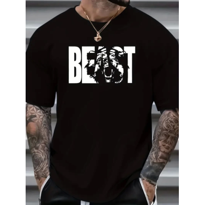 Baskılı Oversize Bisiklet Yaka T-shirt - Siyah