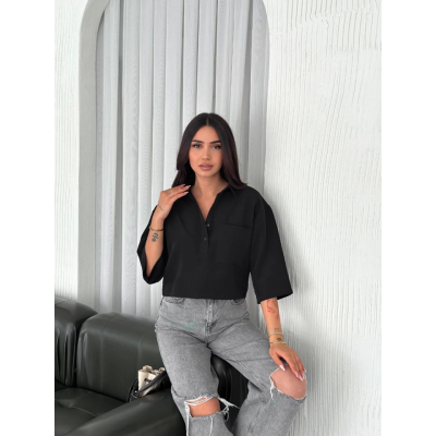 Crop Yakalı Gömlek Üç Çeyrek Sleeve Kol - Siyah Crop Yakalı Gömlek Üç Çeyrek Sleeve Kol - Siyah