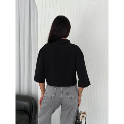 Crop Yakalı Gömlek Üç Çeyrek Sleeve Kol - Siyah Crop Yakalı Gömlek Üç Çeyrek Sleeve Kol - Siyah
