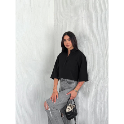 Crop Yakalı Gömlek Üç Çeyrek Sleeve Kol - Siyah Crop Yakalı Gömlek Üç Çeyrek Sleeve Kol - Siyah